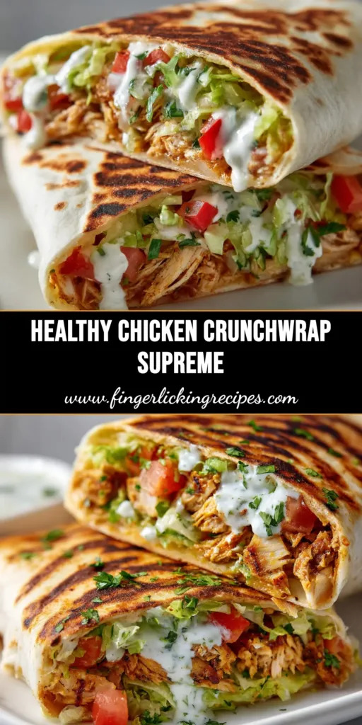 Healthy Chicken Crunch Wrap cut in half on a plate. This easy, high-protein copycat recipe is perfect for a quick and satisfying meal.