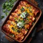 High Protein Chicken Enchiladas (Easy & Cheesy!) A top-down view of a freshly baked high protein chicken enchilada casserole in a white baking dish, garnished with cilantro.