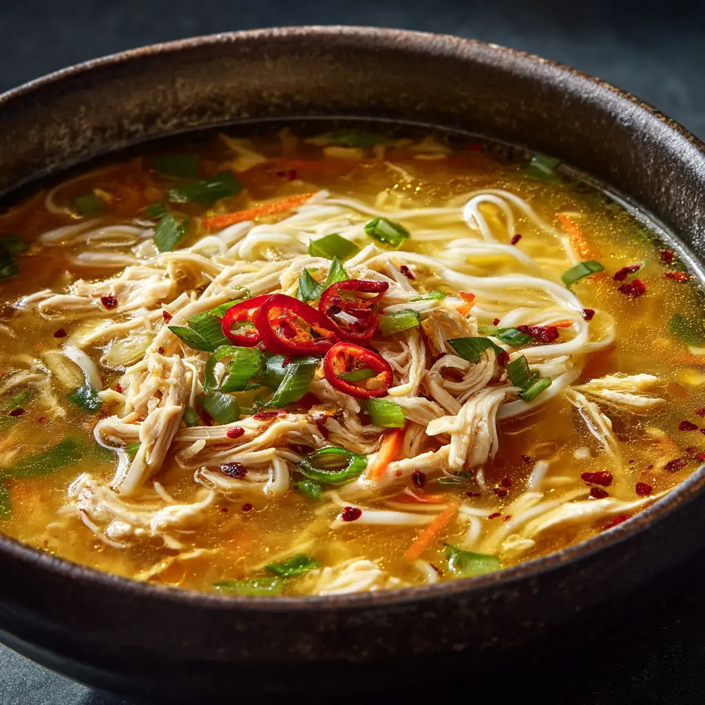 A spoonful of healthy chicken noodle soup being lifted from a bowl, showcasing the tender chicken, noodles, and rich, clear broth.
