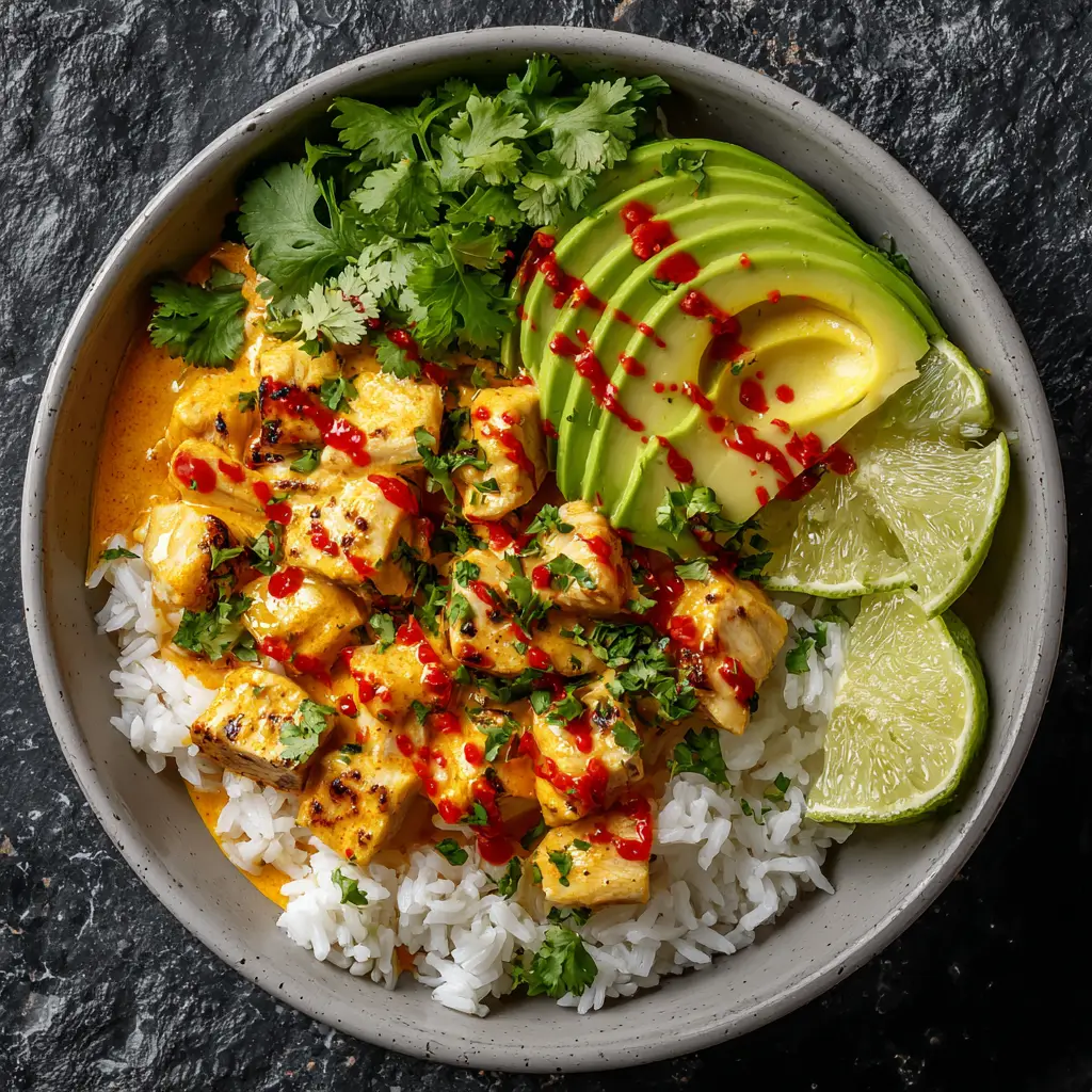 A healthy chicken bowl with coconut rice and a rich, creamy sauce, shown from an enticing angle.