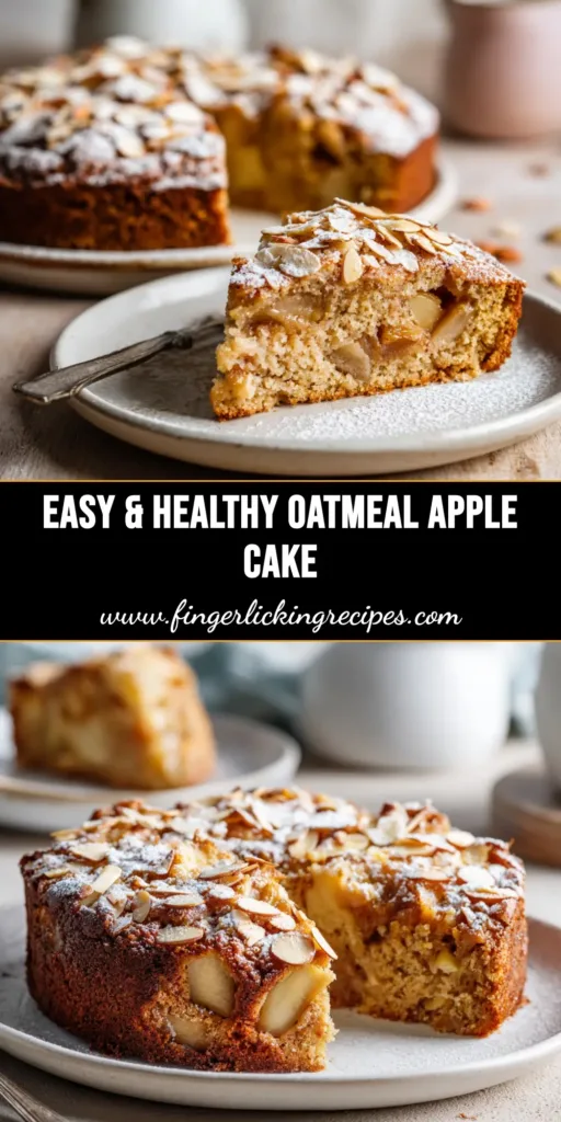 A slice of healthy oatmeal apple cake on a white plate, showcasing its moist texture and pieces of apple. The cake is topped with a sprinkle of oats.