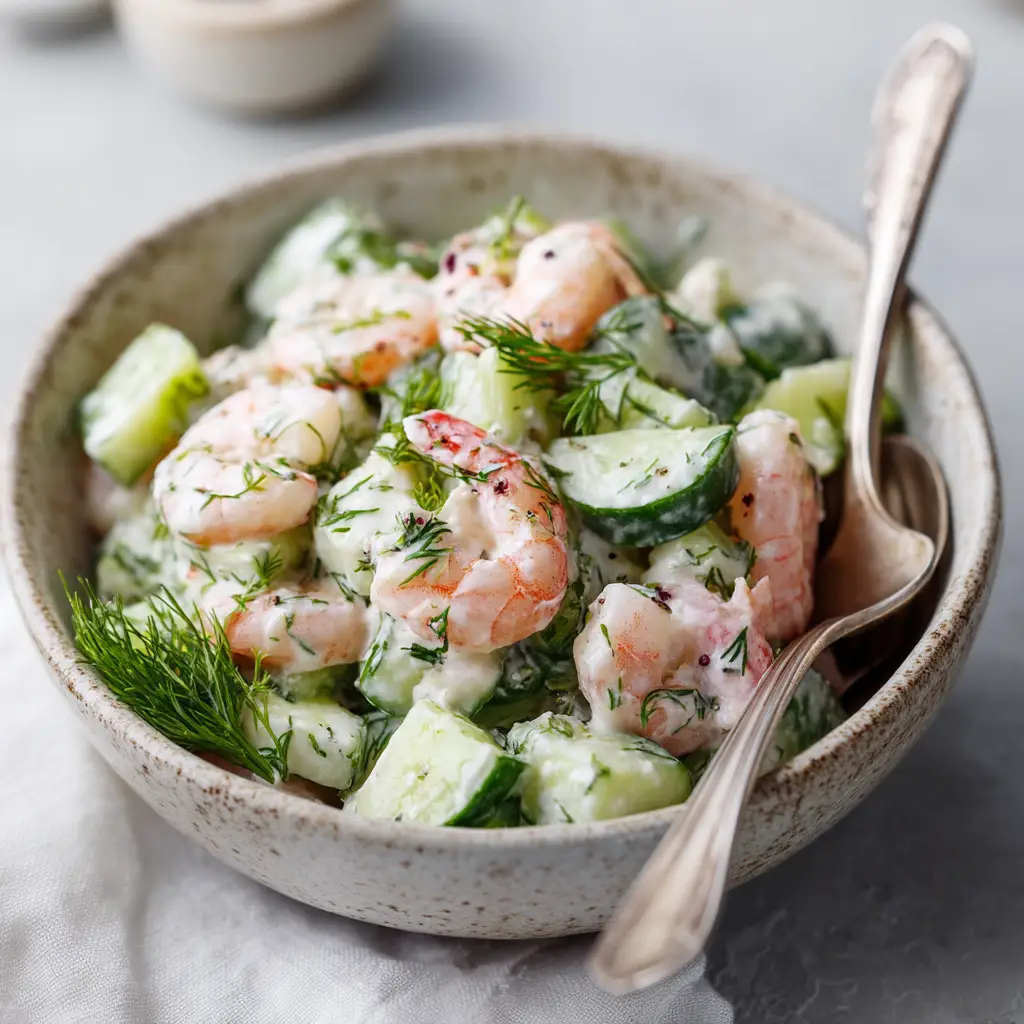 A serving of healthy cucumber shrimp salad on a plate, highlighting its fresh ingredients and vibrant colors.
