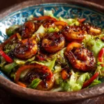 Shrimp and Cabbage Stir Fry (Ready in 15 Minutes!) An extreme close-up shot of the healthy shrimp stir fry, showing a juicy piece of shrimp coated in sauce next to crisp pieces of cabbage.
