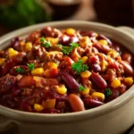 A close-up, high-angle shot of hearty crockpot cowboy beans, highlighting the rich texture of the ground beef, bacon, and bean mixture simmering in the sauce.