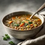 A rustic bowl of hearty lentil soup with visible chunks of carrots and celery, with steam rising from the surface.
