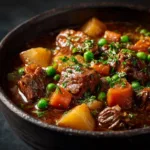A top-down close-up shot of hearty crockpot beef stew in a dark, rustic bowl, showing tender beef chunks and vegetables.