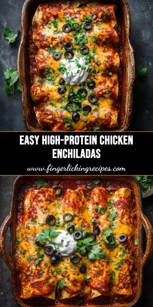 A pan of delicious High Protein Chicken Enchiladas, topped with melted cheese and fresh cilantro, showcasing a healthy and easy recipe.