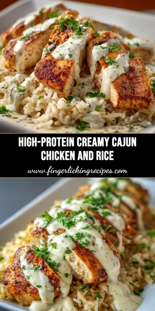A pan of High Protein Creamy Cajun Chicken, showing tender chicken breasts coated in a rich, savory sauce and garnished with fresh parsley. A fork is lifting a piece to show the texture.