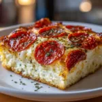 Cottage Cheese Pizza Bake (The Viral High-Protein Recipe) A close-up view of a square slice of the high-protein pizza bake, revealing the creamy cottage cheese base and bubbly mozzarella topping.