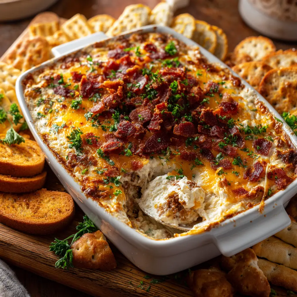 A bowl of Hissy Fit Dip being scooped with a tortilla chip, showing off its perfect consistency for dipping.