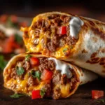 An extreme close-up of the cheesy, beefy filling inside a homemade beefy melt burrito, highlighting the texture of the seasoned rice and beef.