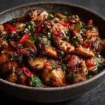 A close-up shot of the Black Pepper Chicken stir-fry in a pan, showcasing the tender chicken pieces and glossy sauce with celery and onions.