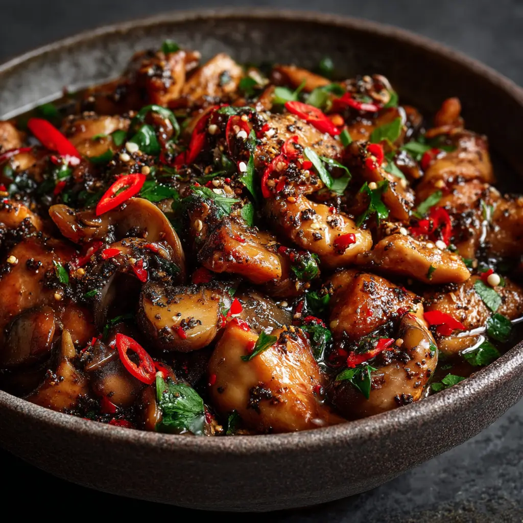 A close-up shot of the Black Pepper Chicken stir-fry in a pan, showcasing the tender chicken pieces and glossy sauce with celery and onions.