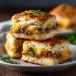 A stack of three square-cut homemade butter swim biscuits, highlighting their fluffy and layered texture.