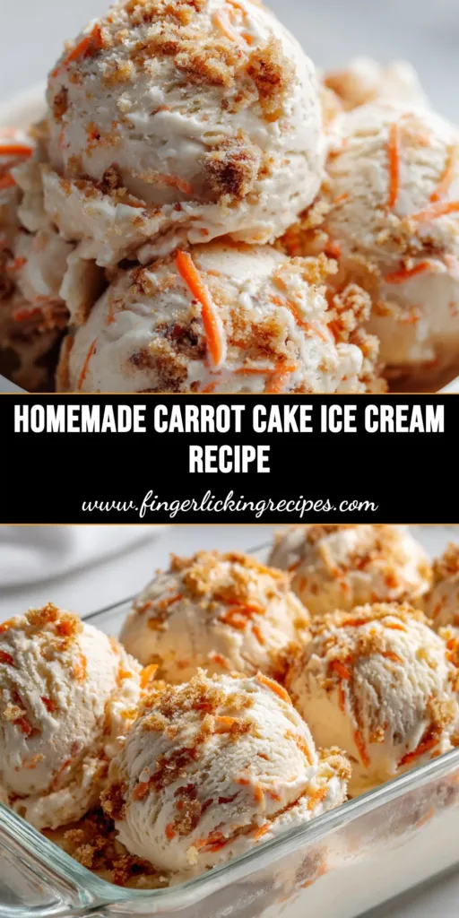 A scoop of homemade carrot cake ice cream in a cone, showing swirls of cream cheese frosting and flecks of carrot and pecans.