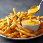 A bright overhead shot of a bowl filled with homemade cheddar cheese sauce placed next to a platter of golden french fries.