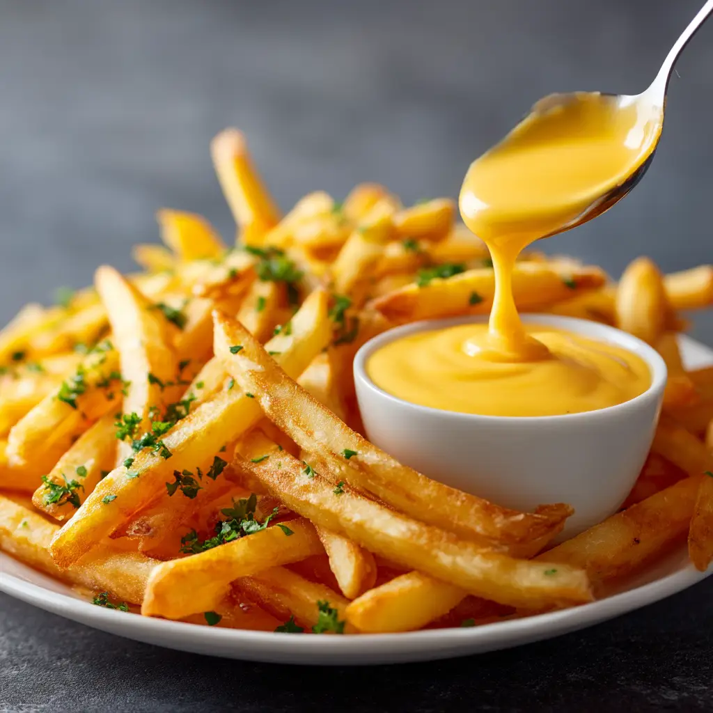 Cheese Sauce for Fries: The Ultimate 10-Minute Recipe 3 A bright overhead shot of a bowl filled with homemade cheddar cheese sauce placed next to a platter of golden french fries.
