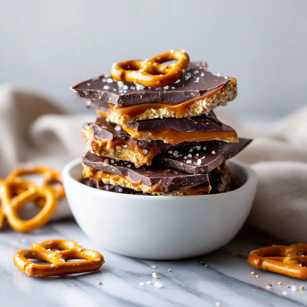 A stack of homemade chocolate pretzel bark pieces, highlighting the crunchy pretzel base and rich toffee layer.