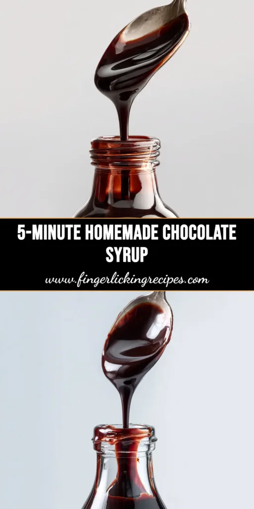 A bottle of homemade chocolate syrup being poured over a scoop of vanilla ice cream, showcasing its rich, glossy texture. The text reads '5-Minute Homemade Chocolate Syrup.'