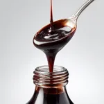 A macro shot of a spoon dripping with rich, dark homemade chocolate syrup, highlighting its smooth and glossy texture.