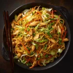 Chow Mein Recipe (Better Than Takeout!) An extreme close-up overhead shot of the ingredients for a homemade chow mein recipe, including noodles, vegetables, and sauce components.
