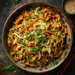 Chow Mein Recipe (Better Than Takeout) An overhead shot of homemade chicken chow mein in a large white bowl, featuring crispy noodles and fresh vegetables.