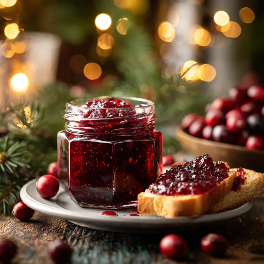 Christmas Jam Recipe: A Festive Holiday Spread 3 A close-up shot of homemade Christmas Jam being spread on a piece of toast, with a festive background.