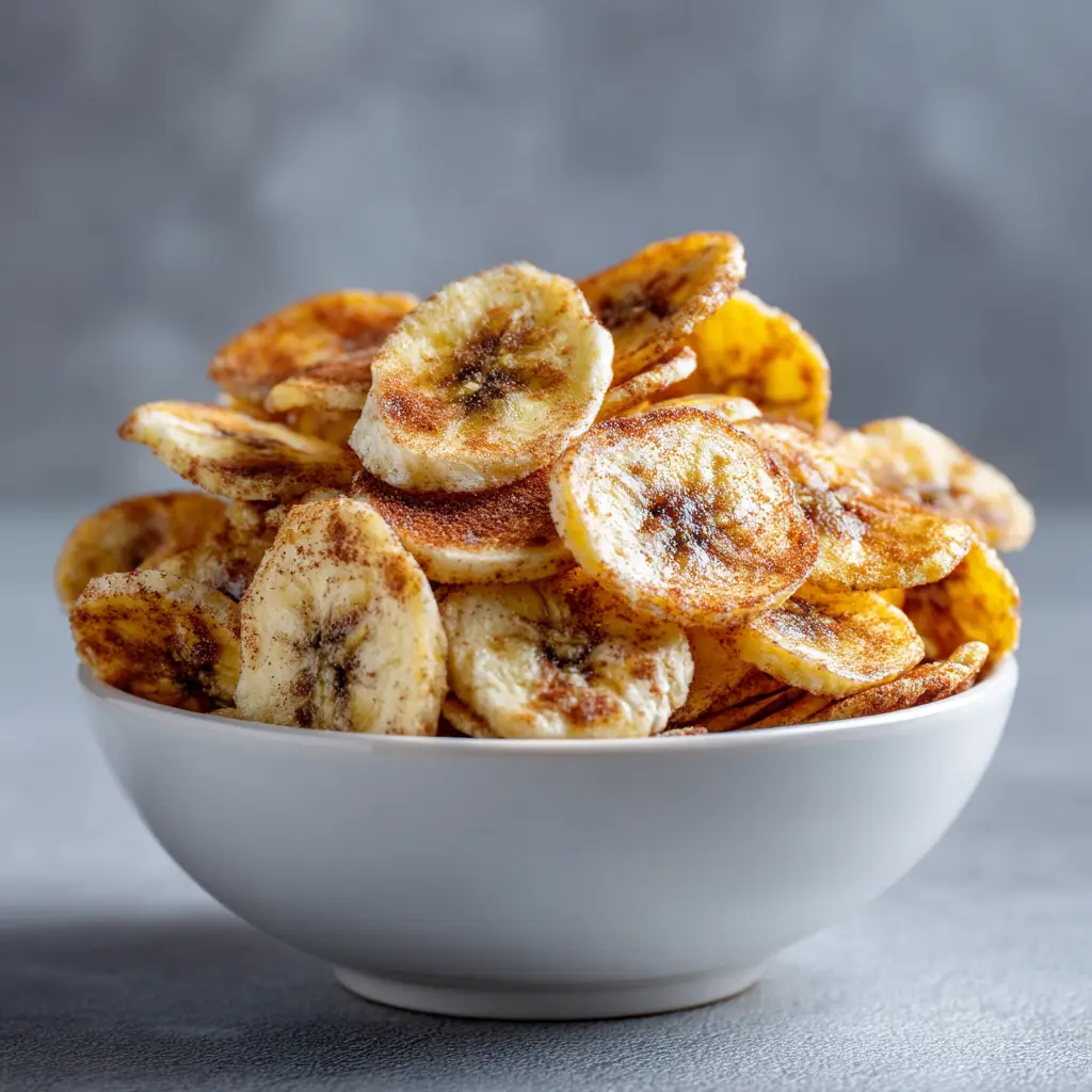 A close-up view of golden-brown homemade banana chips seasoned with cinnamon, highlighting their perfectly crispy texture.