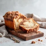 A full loaf of freshly baked cinnamon swirl bread, golden brown and covered in a thick streusel topping, resting on a cooling rack.