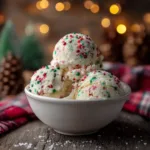 Christmas Cookie Ice Cream (Easy No-Churn Recipe!) Three perfect scoops of homemade cookie ice cream stacked in a glass dessert dish, garnished with holiday sprinkles and a chunk of sugar cookie.