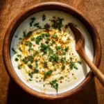 Garlic Sauce for Pizza: The Only Recipe You'll Ever Need A close-up overhead shot of a thick, creamy white garlic sauce in a small white bowl, garnished with fresh parsley. The perfect homemade pizza sauce.
