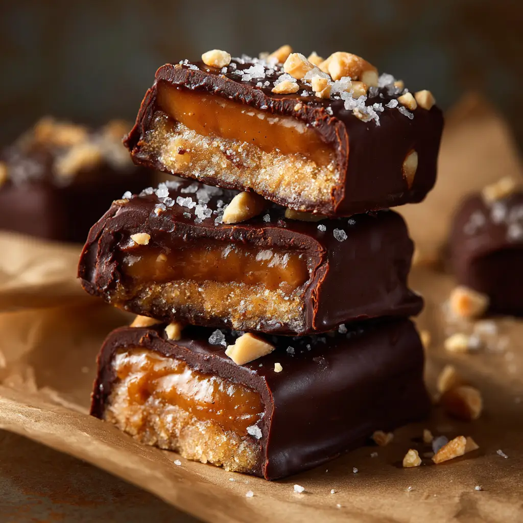 Date Snickers Recipe (The Viral Healthy Treat) 3 A close-up shot of several homemade Medjool date Snickers bars stacked together, highlighting their rich chocolate coating and nutty texture.