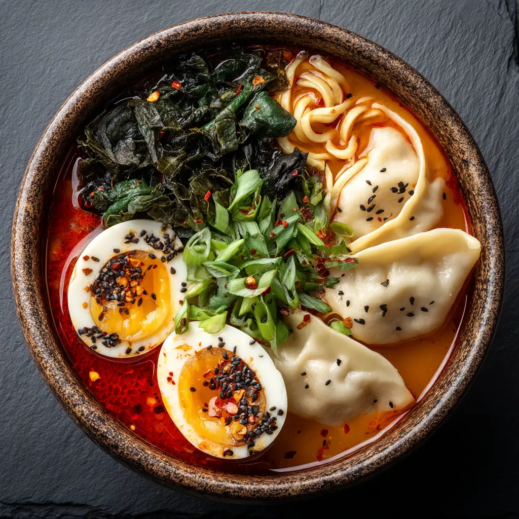 A close-up shot of homemade ramen with dumplings in a rich broth, showcasing the key ingredients.