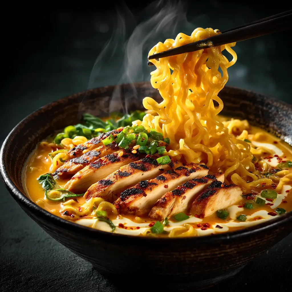 A beautiful bowl of homemade spicy chicken ramen being assembled with various toppings like scallions and a soft egg.