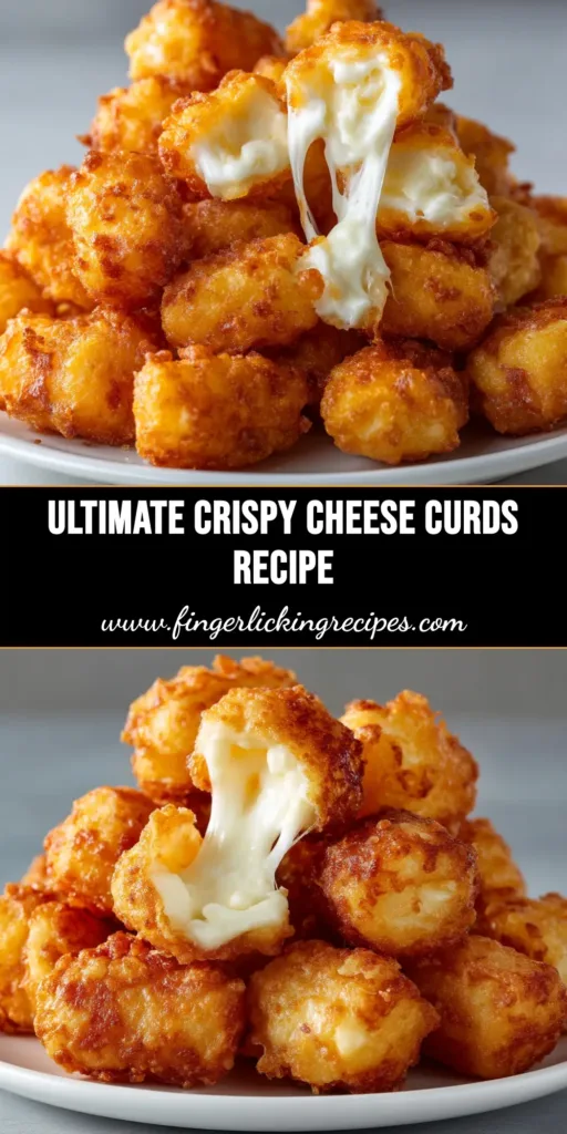 A heaping bowl of perfectly golden brown fried cheese curds, with one piece being pulled apart to show a delicious cheese pull. The ultimate recipe for crispy fried cheese curds.