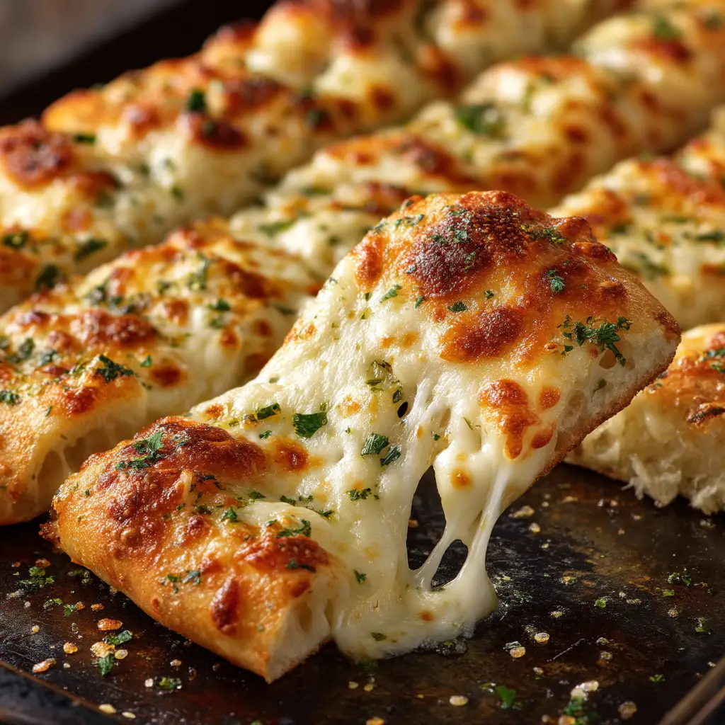 A close-up shot of homemade garlic cheese breadsticks, highlighting the gooey, melted mozzarella and golden-brown crust.