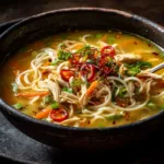 A close-up, photorealistic shot of a steaming bowl of homemade chicken noodle soup, with visible pieces of shredded chicken, carrots, and noodles.