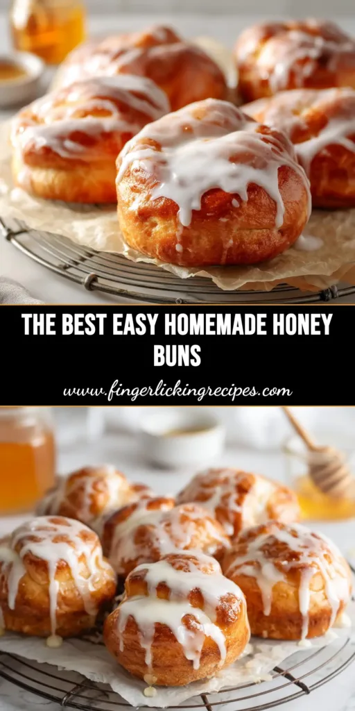 A close-up overhead shot of several homemade honey buns in a baking dish, generously covered in a sticky honey glaze.