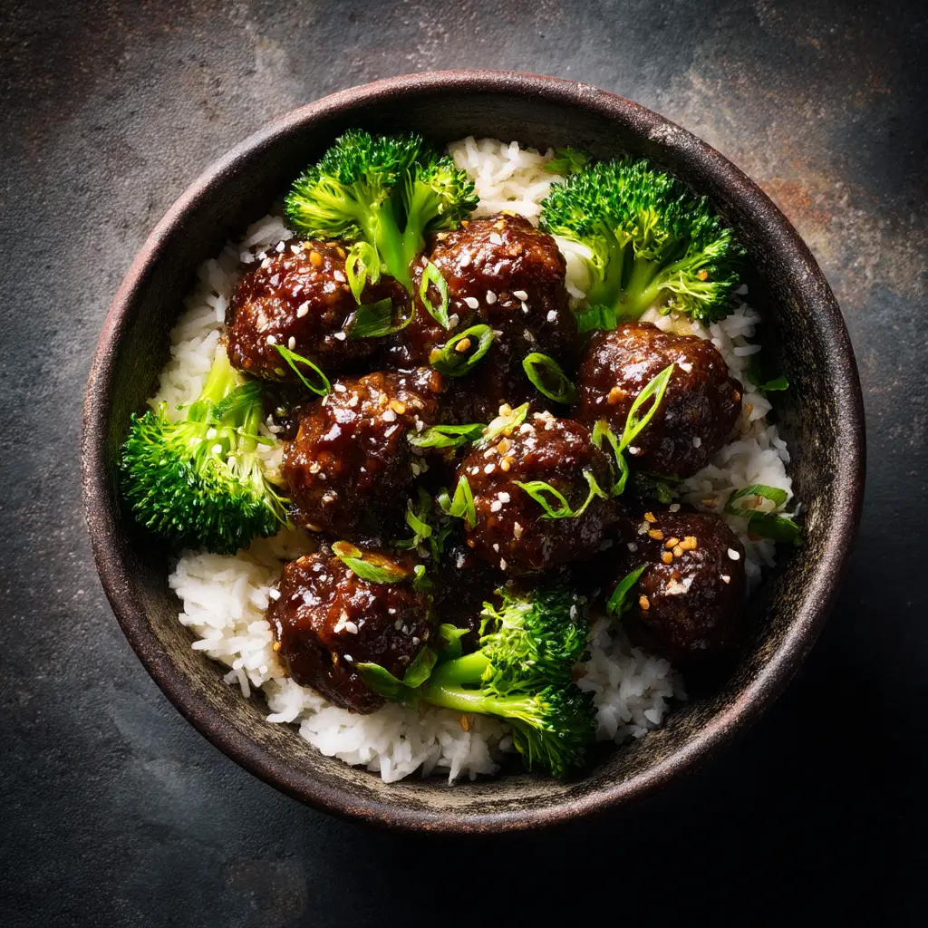 An overhead shot of a rustic ceramic bowl filled with homemade Mongolian Meatballs, showcasing the glossy sauce and fresh garnish.