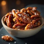 A close-up shot of homemade pecan praline crunch in a rustic wooden bowl, highlighting its crunchy texture.