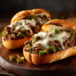 Ground Beef Philly Cheesesteaks (The Easiest & Tastiest Version!) A close-up shot of a homemade Philly cheesesteak with ground beef, showing the melted provolone cheese and cooked peppers and onions.