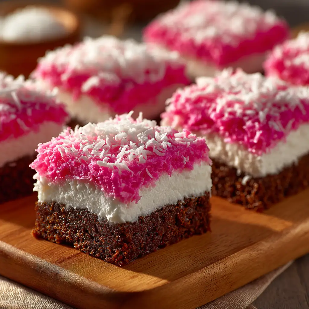 Pink Coconut Snowball Cake Bars (Easy Recipe!) 2 A single Pink Coconut Snowball Cake Bar with a bite taken out, revealing the soft vanilla cake and frosting layers inside.