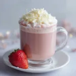 A cozy mug filled with homemade strawberry hot chocolate, sitting on a wooden table next to fresh strawberries.