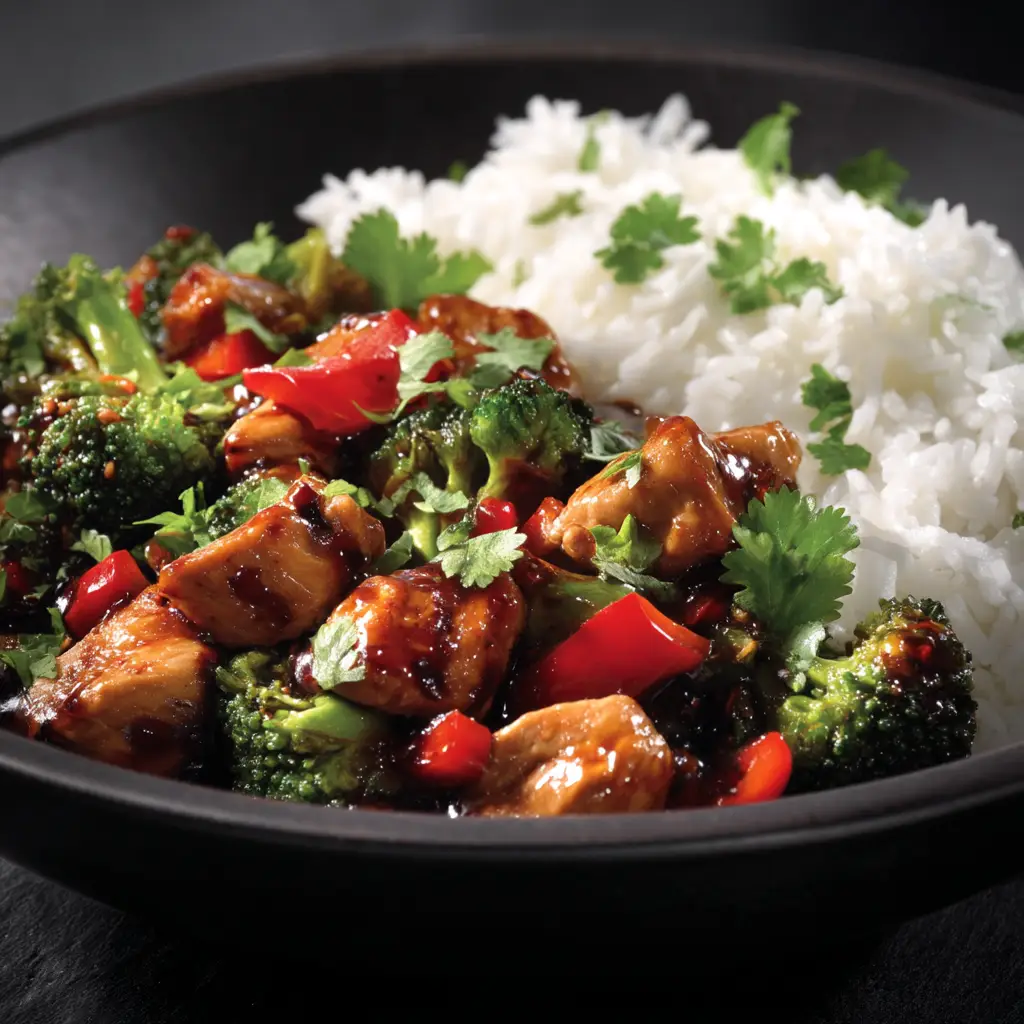 A close-up shot of homemade teriyaki chicken stir fry in a white bowl with chopsticks, showing the glossy sauce and perfectly cooked vegetables.