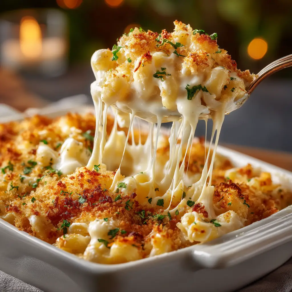 A second extreme close-up of the homemade mac and cheese, with a fork lifting some pasta to show the cheesy pull.