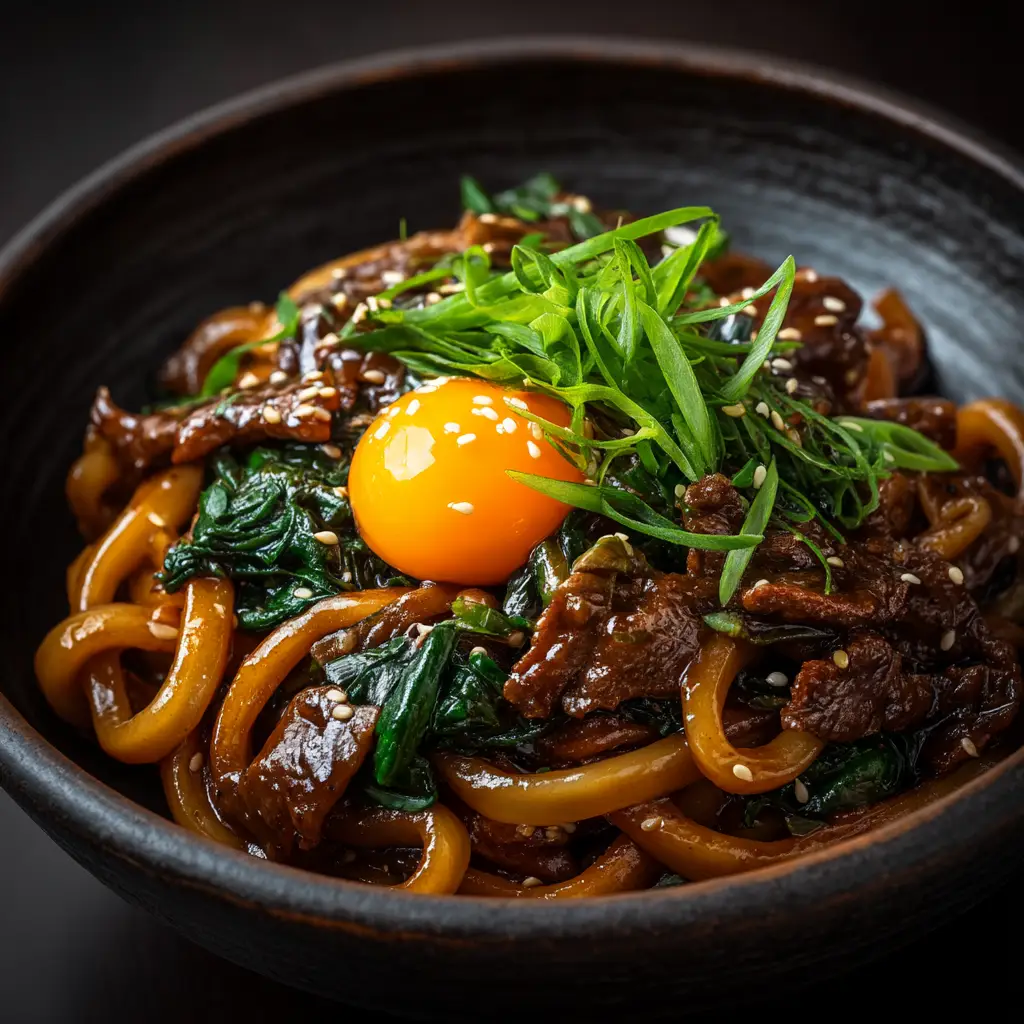 A close-up view of homemade yaki udon, highlighting the glossy sauce coating the thick, chewy udon noodles and crisp vegetables.