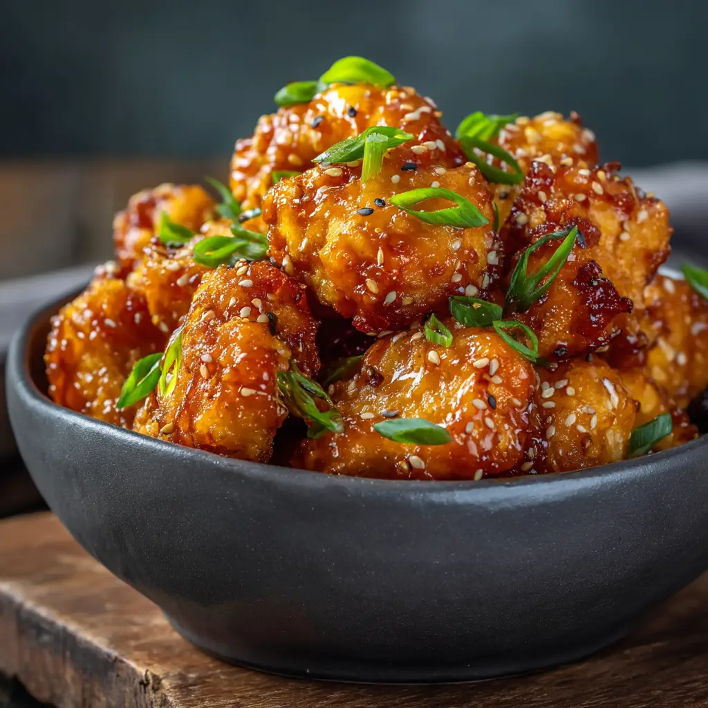 A bowl of finished honey butter chicken bites, glistening with sauce and ready to be served over rice.