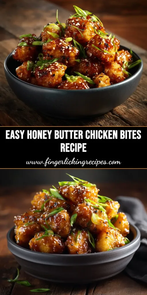 A top-down view of crispy Honey Butter Chicken Bites in a skillet, glazed with a shiny sauce and garnished with parsley.