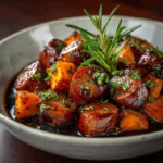 A close-up shot of honey garlic sausage and sweet potato in a skillet, showcasing the caramelized glaze and tender texture.