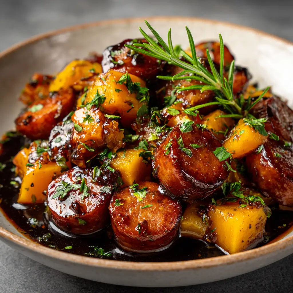 Honey Garlic Sausage and Sweet Potato: The Perfect One-Pan Dinner 2 A serving of the honey garlic sausage and sweet potato on a plate, ready to be eaten. An easy and healthy weeknight recipe.